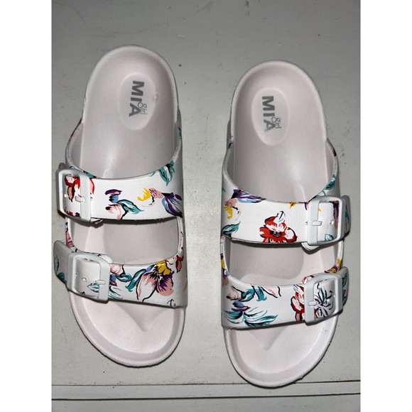 MIA Jasmin Slide Sandals Womens size 6M Adjustable Buckles Double Strap Flowers - Picture 1 of 6